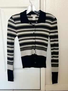 Bebe Black & Gray Striped Ribbed Button-Up Cardigan